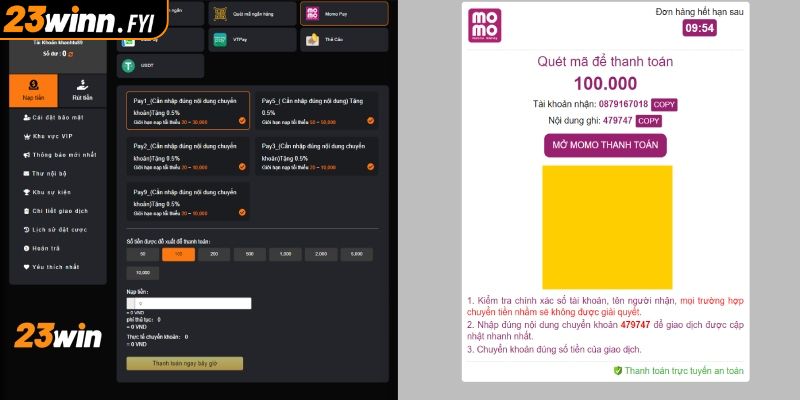 Thực hiện rút thưởng nhanh qua ví điện tử tại 23WIN